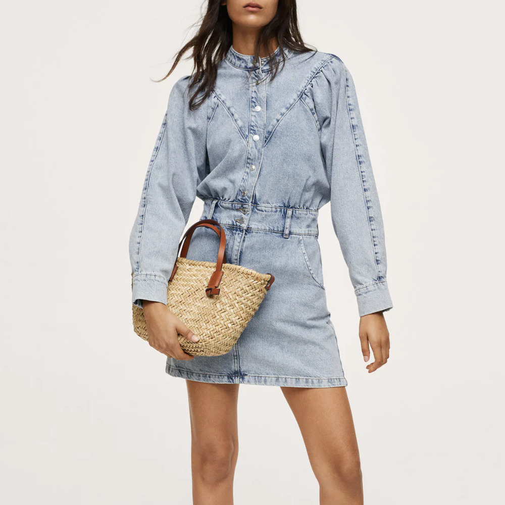 Mango Light Blue Denim Long Sleeve Shirt Dress